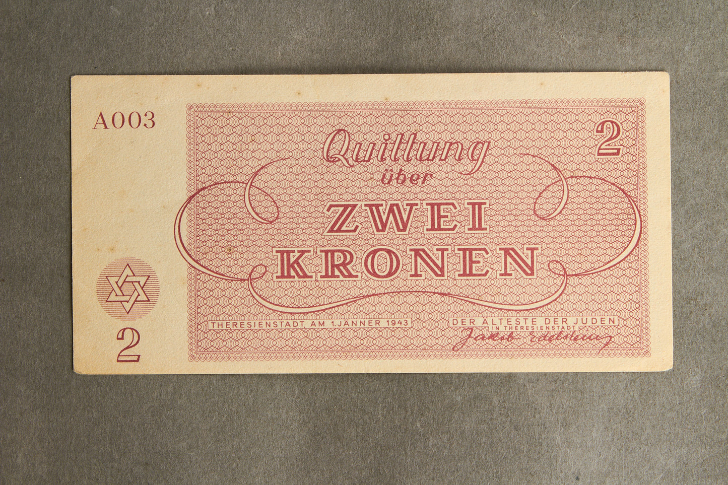 Concentration Camp & Ghetto Theresienstadt "Zwei Kronen" Banknote. Original.