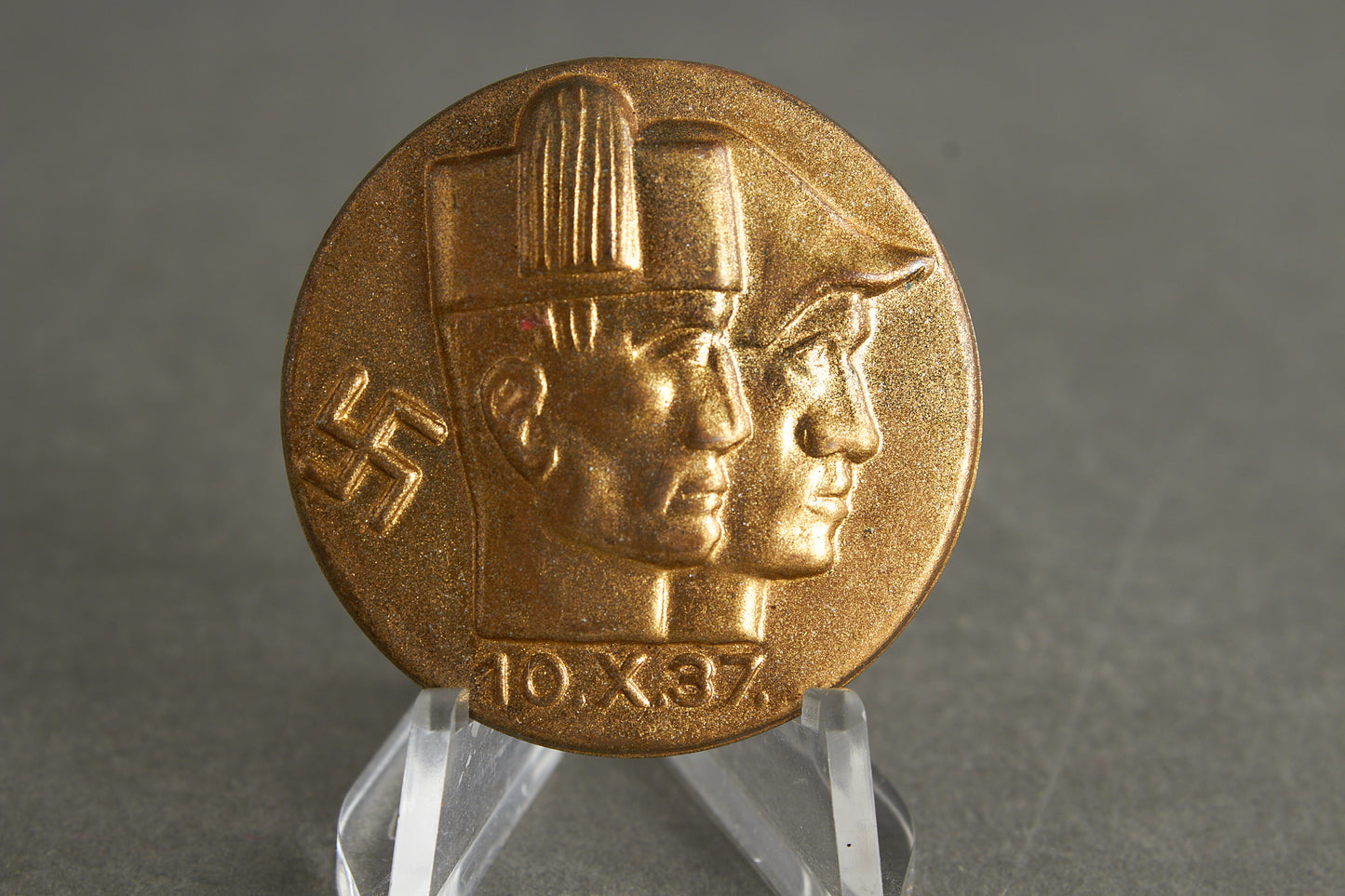 NSDAP "Hitler & Mussolini" Tinnie. From Mussolinis visit to Berlin 1937. Original.