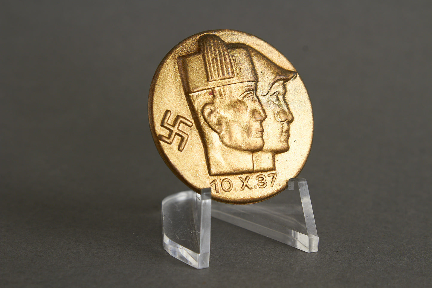 NSDAP "Hitler & Mussolini" Tinnie. From Mussolinis visit to Berlin 1937. Original.