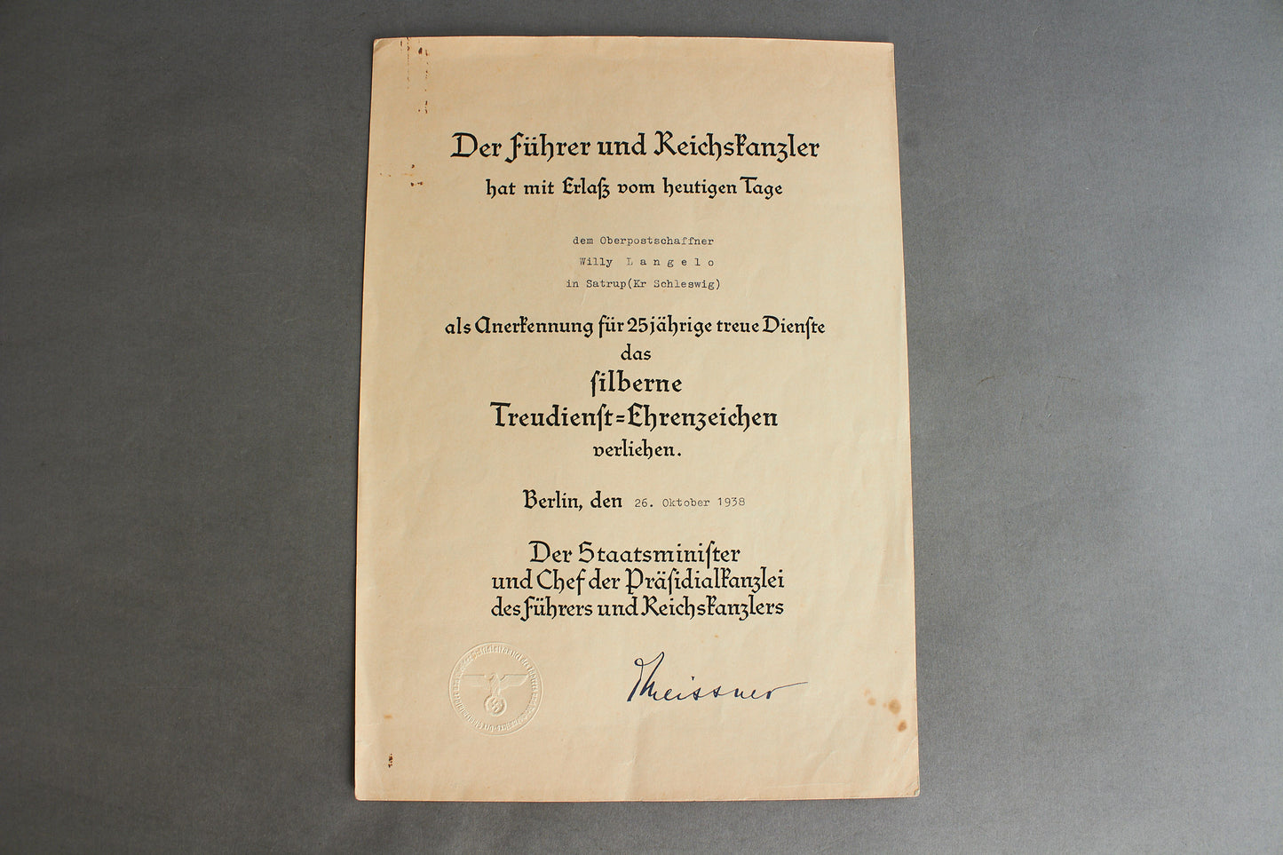 "Treudienst-Ehrenzeichen" 25 Year Service Urkunde Grouping. Original.