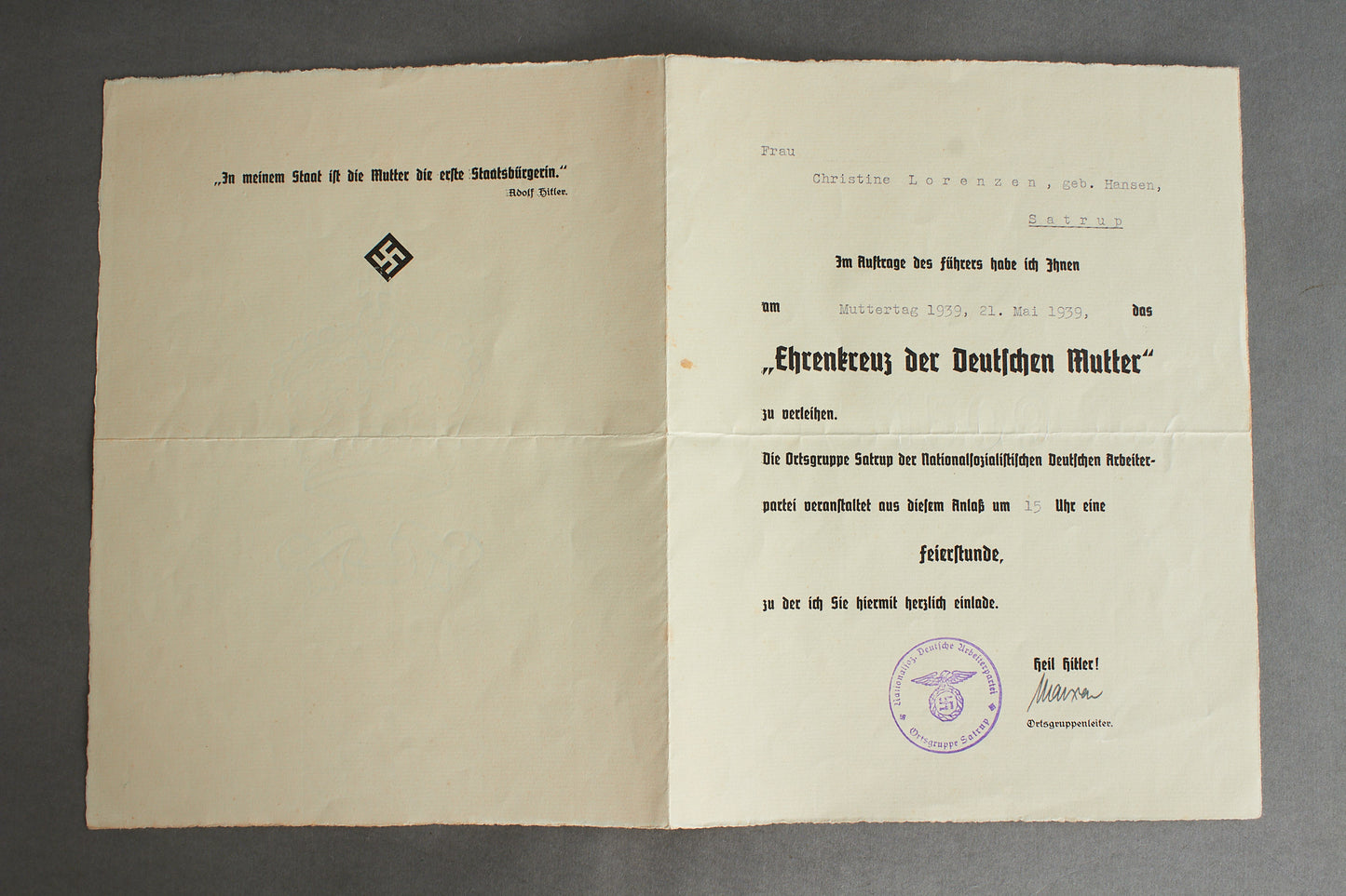 Mutterkreuz "Ehrenkreuz der Deutschen Mutter" Urkunde. Original.