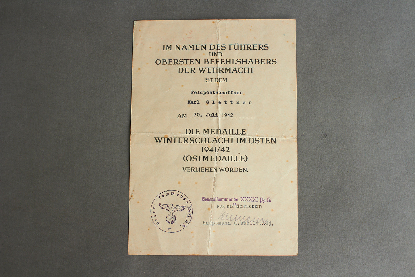 "Winterschlacht im Osten" Urkunde. Original.