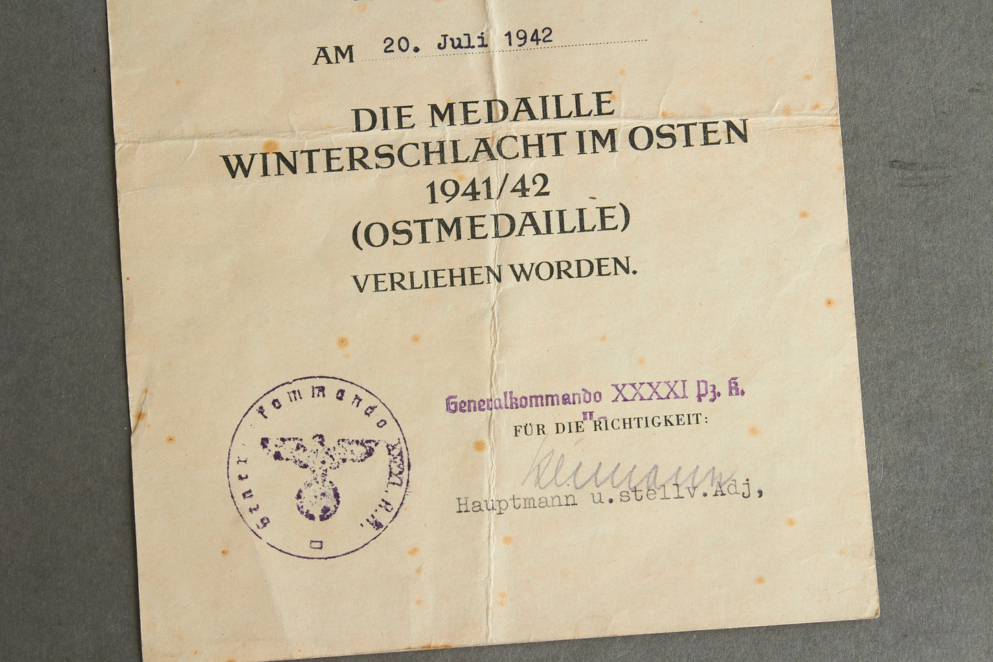 "Winterschlacht im Osten" Urkunde. Original.