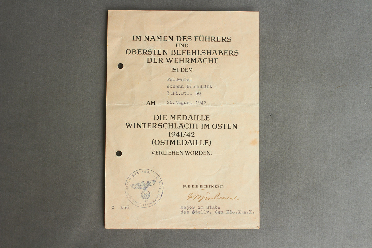 "Winterschlacht im Osten" Urkunde. Original.