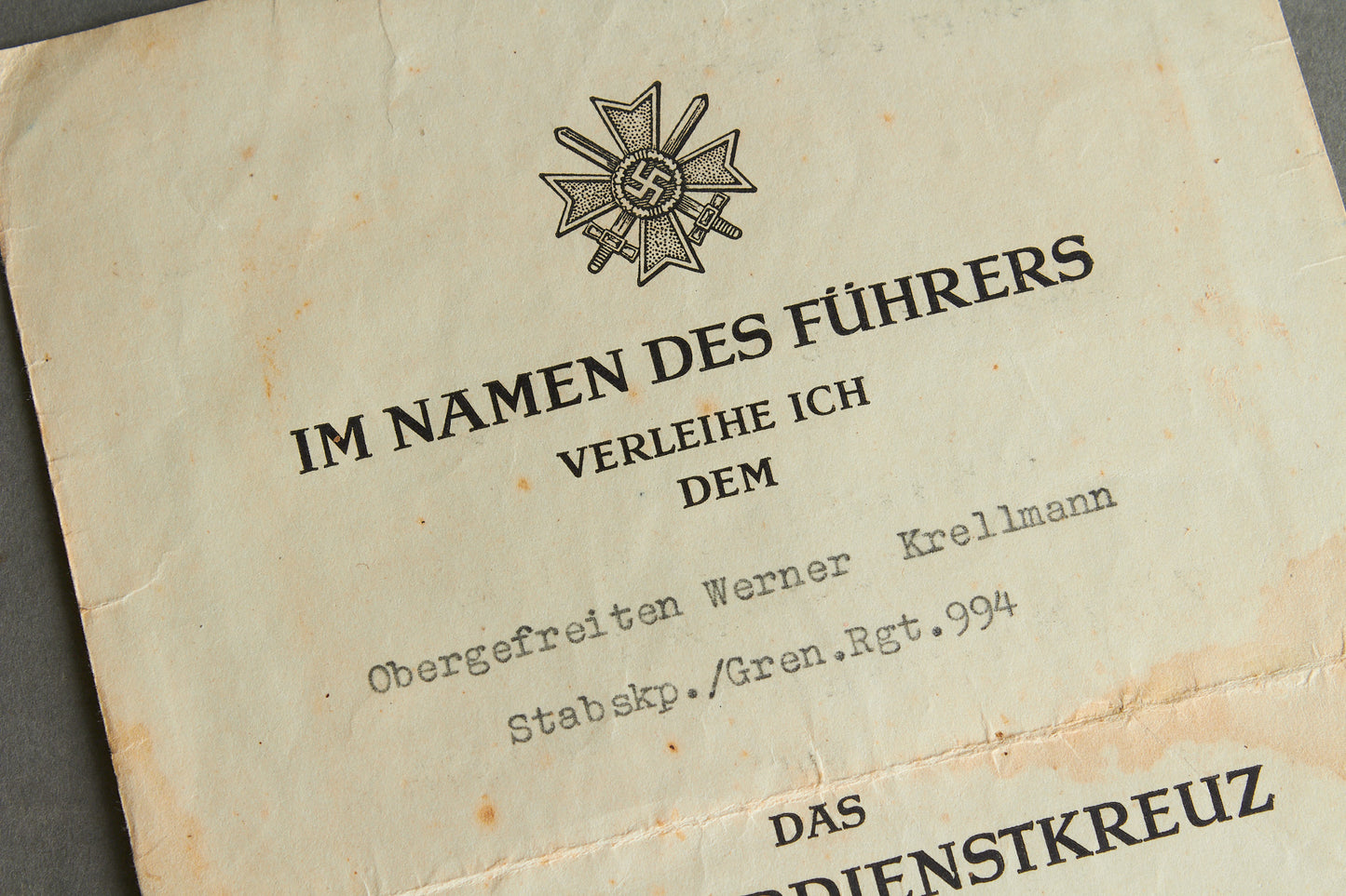 Awarded on Hitlers birthday 20th of april 1945. "Kriegsverdienstkreuz 2. Klasse" w. Swords Urkunde. Original.