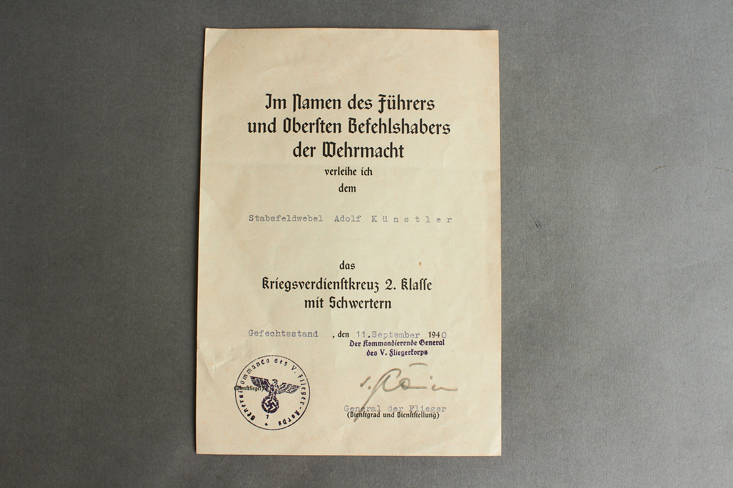 Robert Ritter von Greim signed "Kriegsverdienstkreuz 2. Klasse" w. Swords Urkunde. Original.