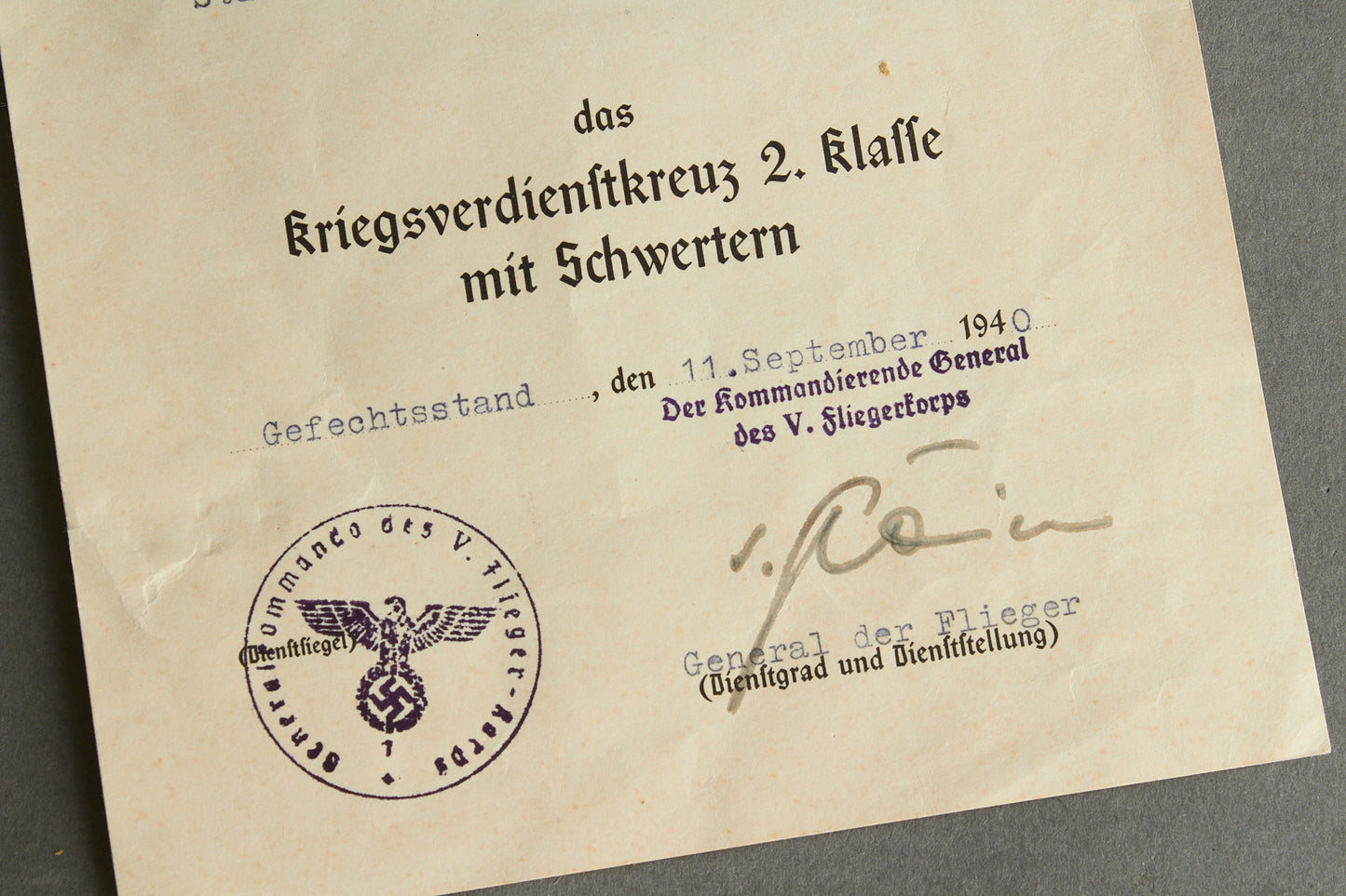 Robert Ritter von Greim signed "Kriegsverdienstkreuz 2. Klasse" w. Swords Urkunde. Original.
