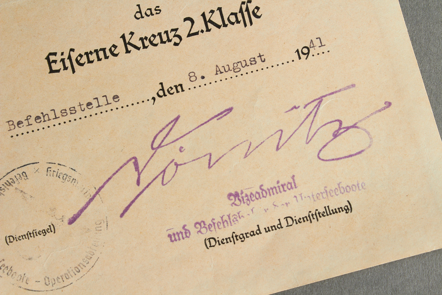 Dönitz signed Kriegsmarine "das Eiserne Kreuz 2. Klasse" Urkunde. Rare. Original.