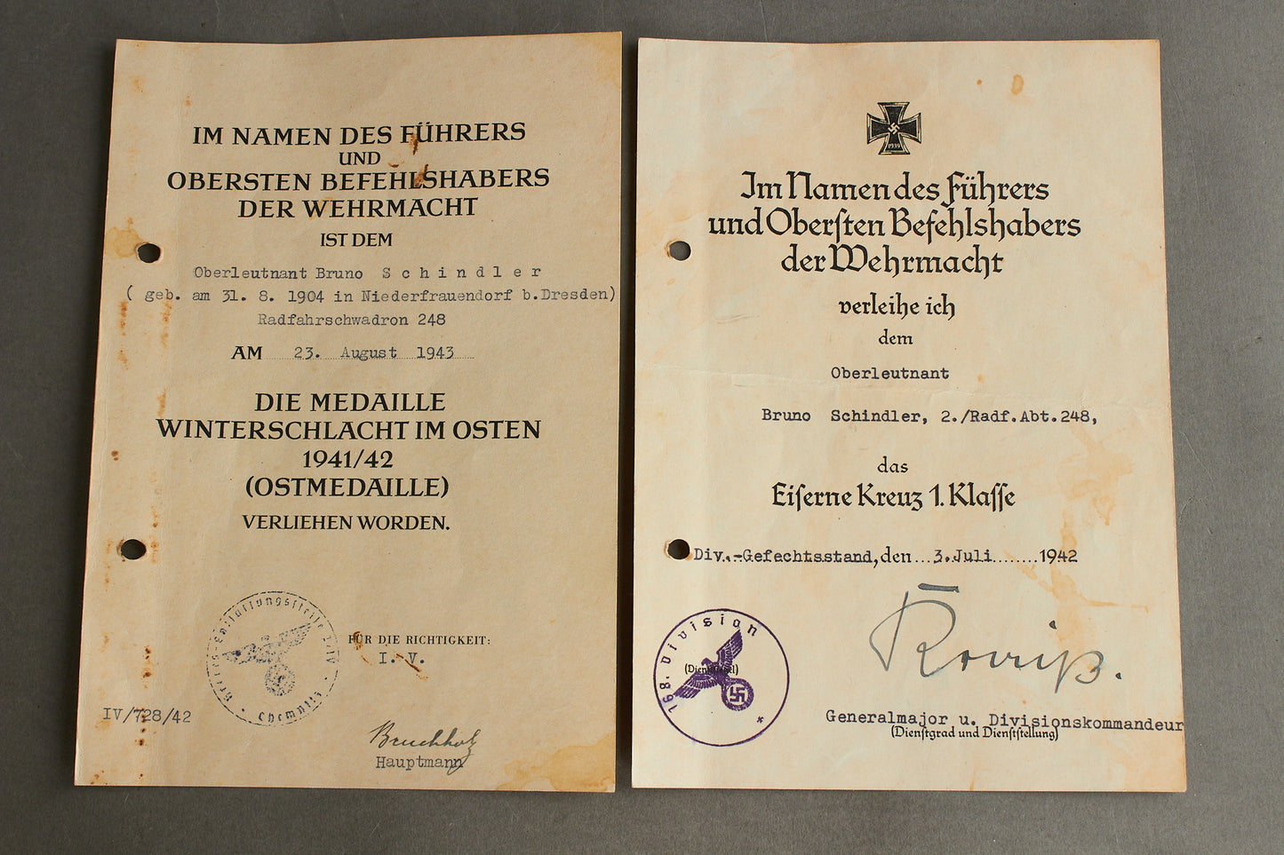 Wehrmacht Urkunde Grouping. Iron Cross 1. Class is signed by Dietrich Kraiss. Original.