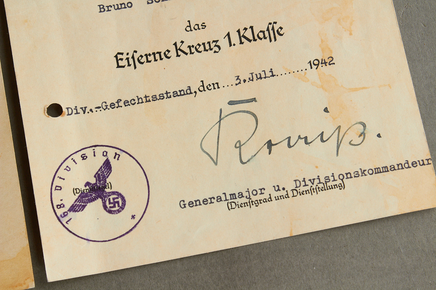 Wehrmacht Urkunde Grouping. Iron Cross 1. Class is signed by Dietrich Kraiss. Original.