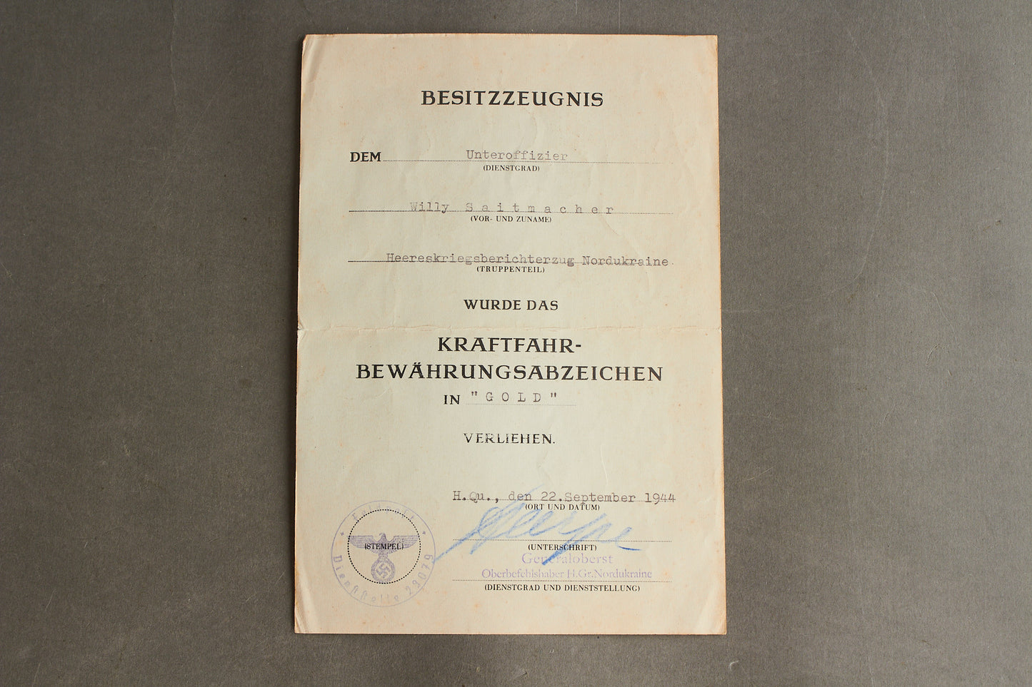 Wehrmacht "Kraftfahrbewährungsabzeichen" Urkunde Grouping. Original.