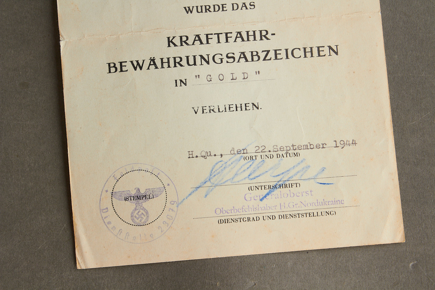Wehrmacht "Kraftfahrbewährungsabzeichen" Urkunde Grouping. Original.