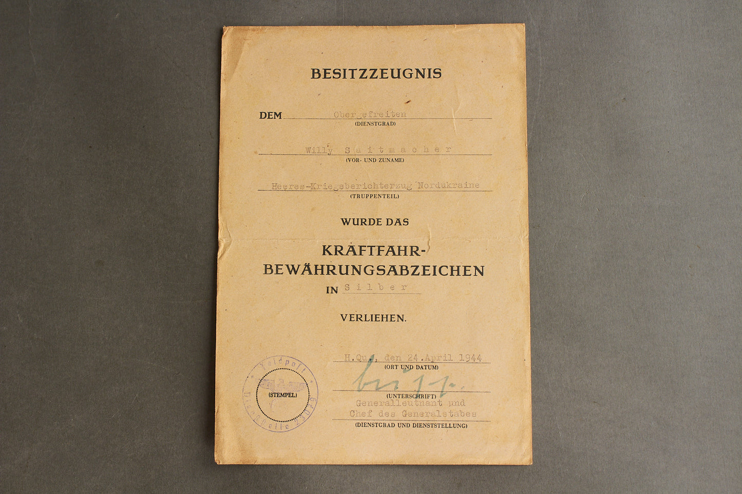Wehrmacht "Kraftfahrbewährungsabzeichen" Urkunde Grouping. Original.