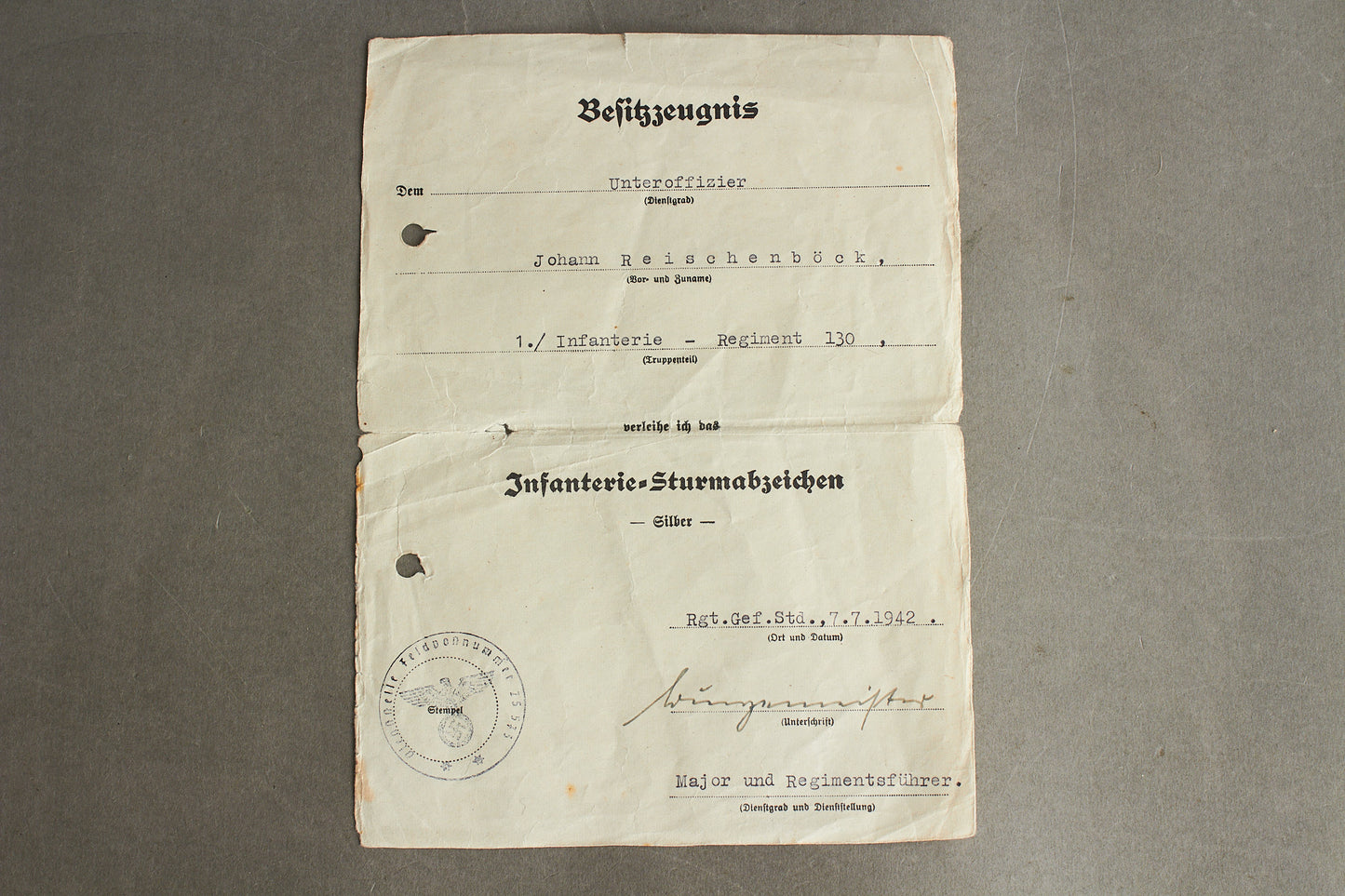 "Infanterie-Sturmabzeichen" in Silver Urkunde. Original.