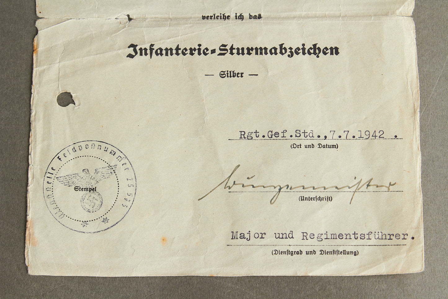 "Infanterie-Sturmabzeichen" in Silver Urkunde. Original.