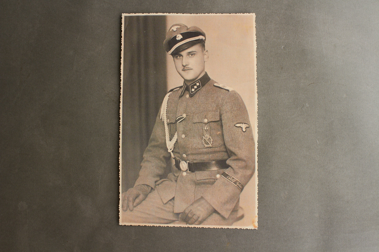 Waffen-SS "Adolf Hitler" Picture. With HJ "Goldene Abzeichen" A5-size. Rare. Original.