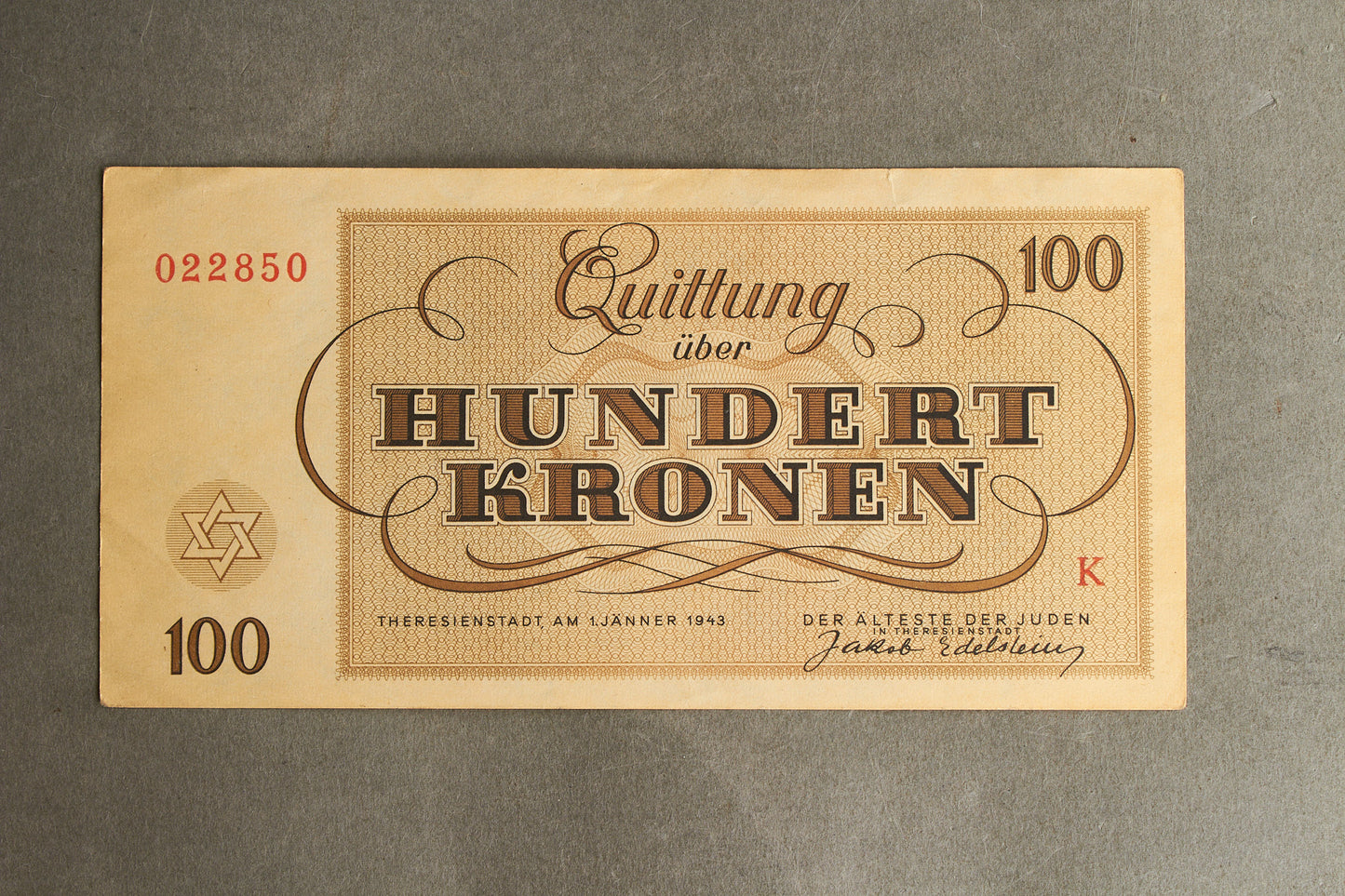 Concentration Camp & Ghetto Theresienstadt "Hundert Kronen" Banknote. Original.