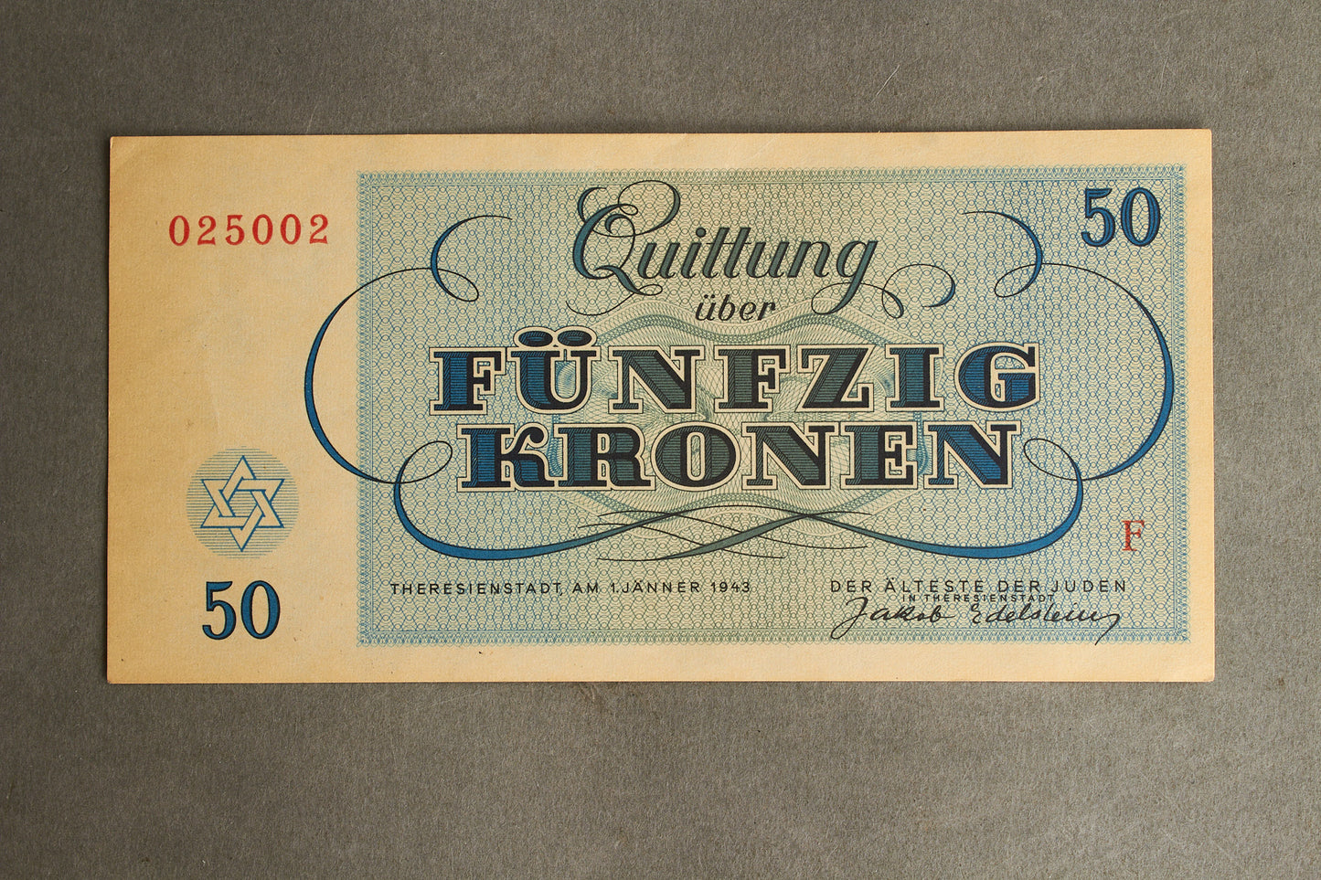 Concentration Camp & Ghetto Theresienstadt "Fünfzig Kronen" Banknote. Original.