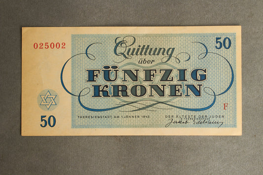 Concentration Camp & Ghetto Theresienstadt "Fünfzig Kronen" Banknote. Original.
