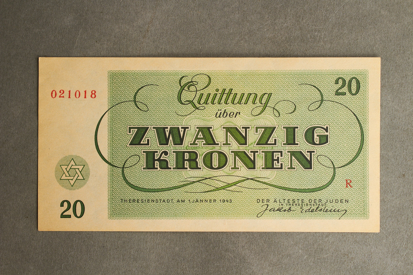 Concentration Camp & Ghetto Theresienstadt "Zwanzig Kronen" Banknote. Original.