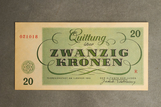 Concentration Camp & Ghetto Theresienstadt "Zwanzig Kronen" Banknote. Original.