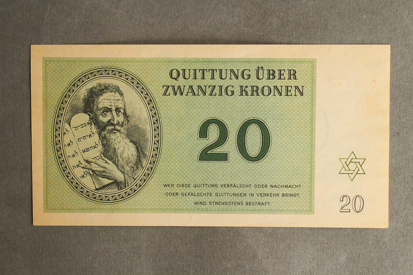 Concentration Camp & Ghetto Theresienstadt "Zwanzig Kronen" Banknote. Original.