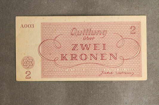 Concentration Camp & Ghetto Theresienstadt "Zwei Kronen" Banknote. Original.