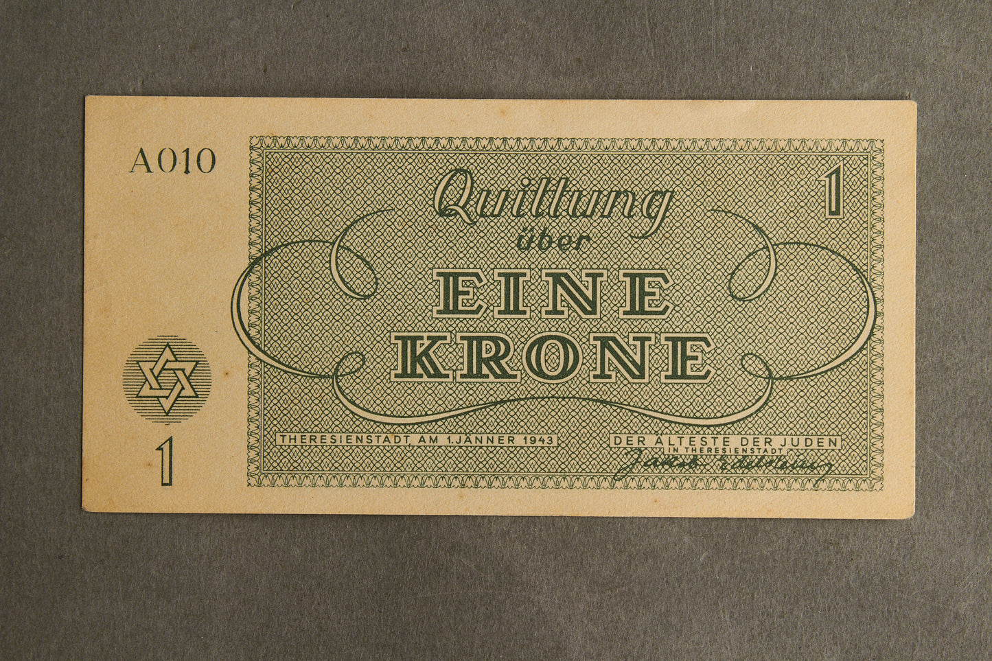 Concentration Camp & Ghetto Theresienstadt "Eine Krone" Banknote. Original.
