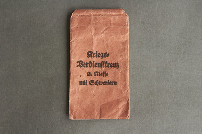 "Kriegsverdienstkreuz 2. Klasse" w. Swords Envelope. Maker marked "Rudolf Leukert". Original.