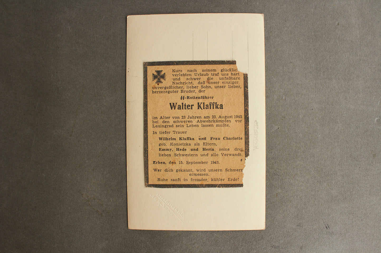 Waffen-SS Picture with Leningrad Death Card/Note on the back. Original.