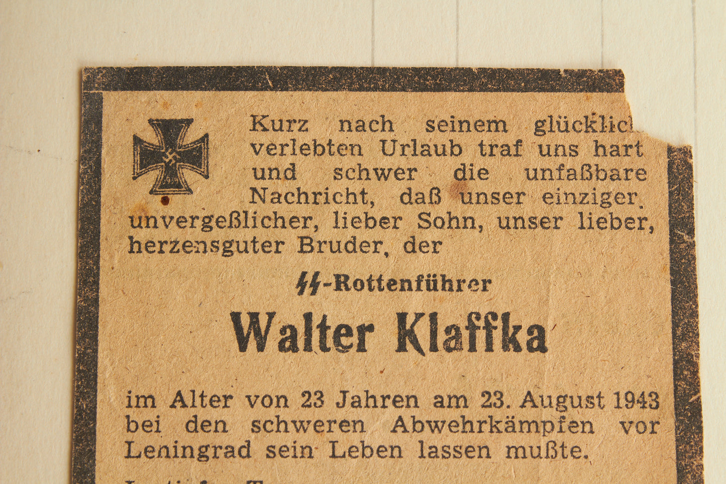 Waffen-SS Picture with Leningrad Death Card/Note on the back. Original.