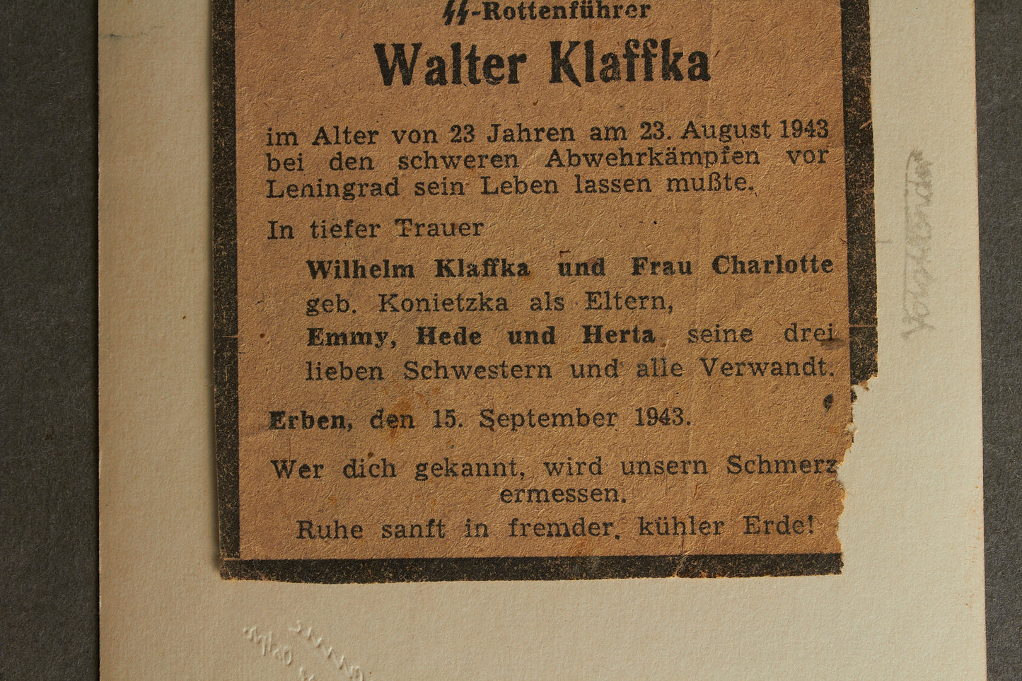 Waffen-SS Picture with Leningrad Death Card/Note on the back. Original.