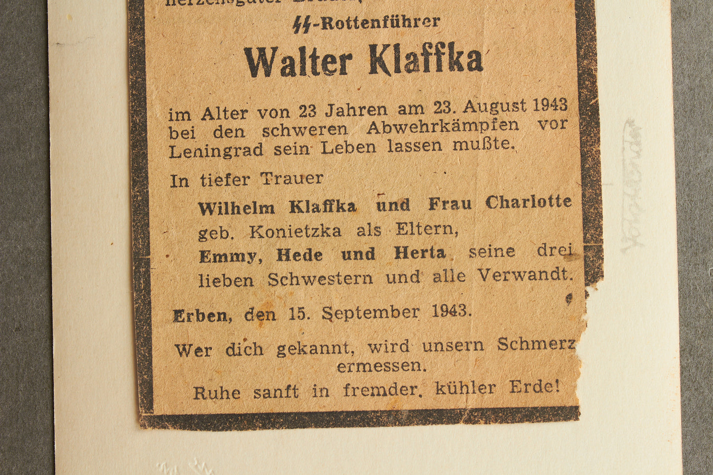 Waffen-SS Picture with Leningrad Death Card/Note on the back. Original.