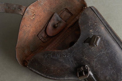 Early Unit Marked Polizei Luger P08 Holster. Cleaning rod holder half-cut. Rare! Original.