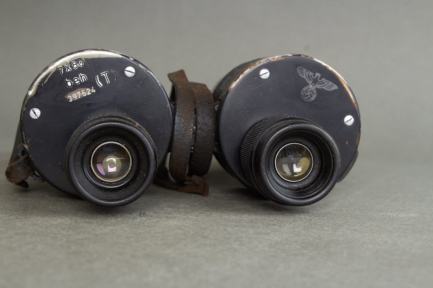Kriegsmarine 7x50 Binoculars. Manufactured by Ernst Leitz. Marked with code "beh". Original.