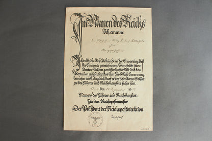 "Treudienst-Ehrenzeichen" 25 Year Service Urkunde Grouping. Original.