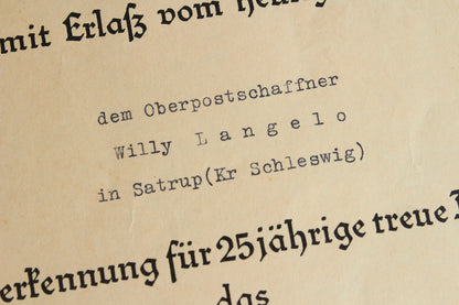 "Treudienst-Ehrenzeichen" 25 Year Service Urkunde Grouping. Original.