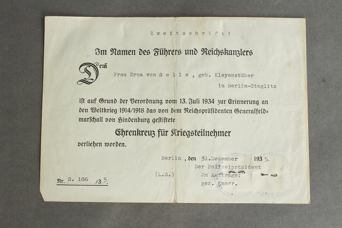 "Ehrenkreuz für Kriegsteilnehmer" Urkunde. Original.