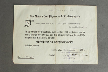 "Ehrenkreuz für Kriegsteilnehmer" Urkunde. Original.