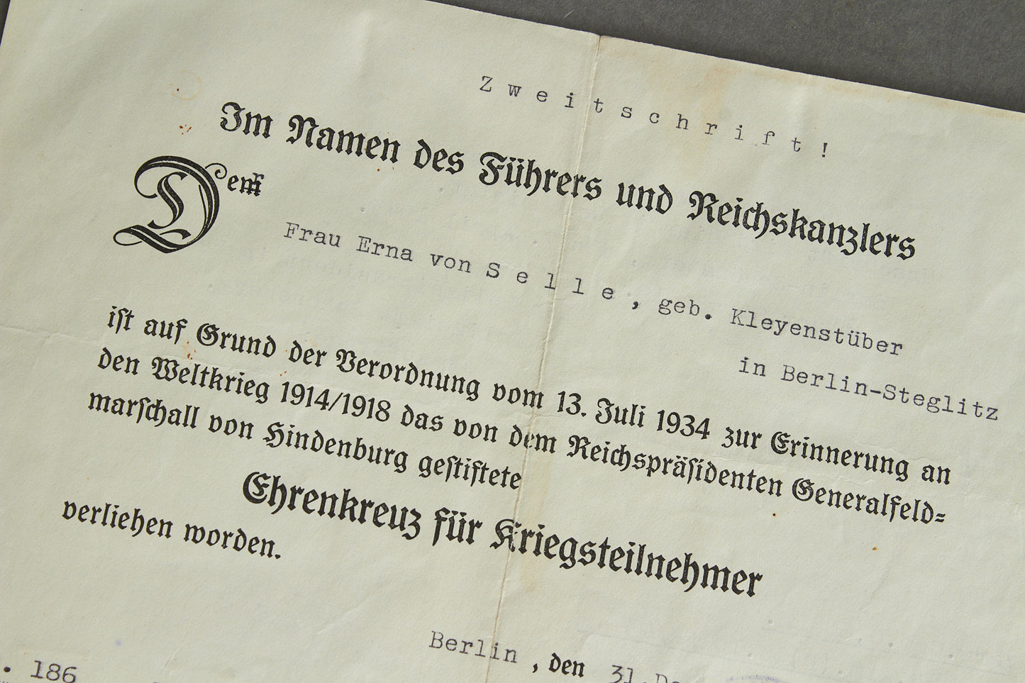 "Ehrenkreuz für Kriegsteilnehmer" Urkunde. Original.