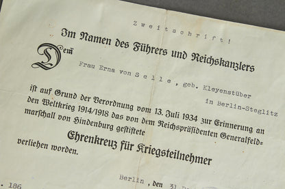 "Ehrenkreuz für Kriegsteilnehmer" Urkunde. Original.
