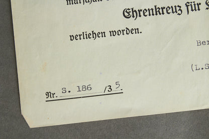 "Ehrenkreuz für Kriegsteilnehmer" Urkunde. Original.