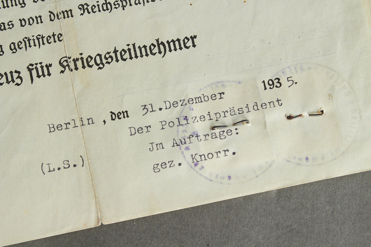 "Ehrenkreuz für Kriegsteilnehmer" Urkunde. Original.