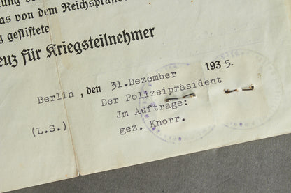 "Ehrenkreuz für Kriegsteilnehmer" Urkunde. Original.