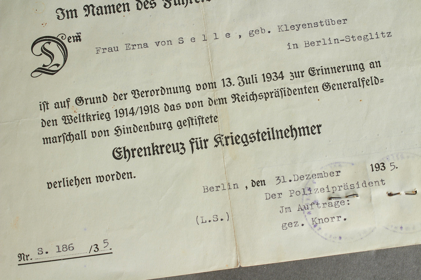 "Ehrenkreuz für Kriegsteilnehmer" Urkunde. Original.