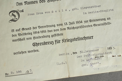 "Ehrenkreuz für Kriegsteilnehmer" Urkunde. Original.
