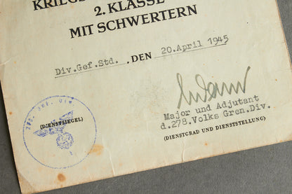 Awarded on Hitlers birthday 20th of april 1945. "Kriegsverdienstkreuz 2. Klasse" w. Swords Urkunde. Original.