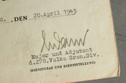 Awarded on Hitlers birthday 20th of april 1945. "Kriegsverdienstkreuz 2. Klasse" w. Swords Urkunde. Original.