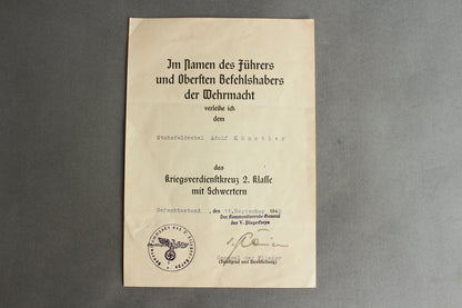 Robert Ritter von Greim signed "Kriegsverdienstkreuz 2. Klasse" w. Swords Urkunde. Original.