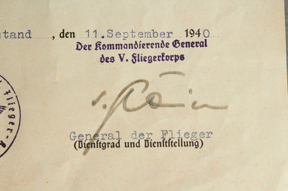Robert Ritter von Greim signed "Kriegsverdienstkreuz 2. Klasse" w. Swords Urkunde. Original.